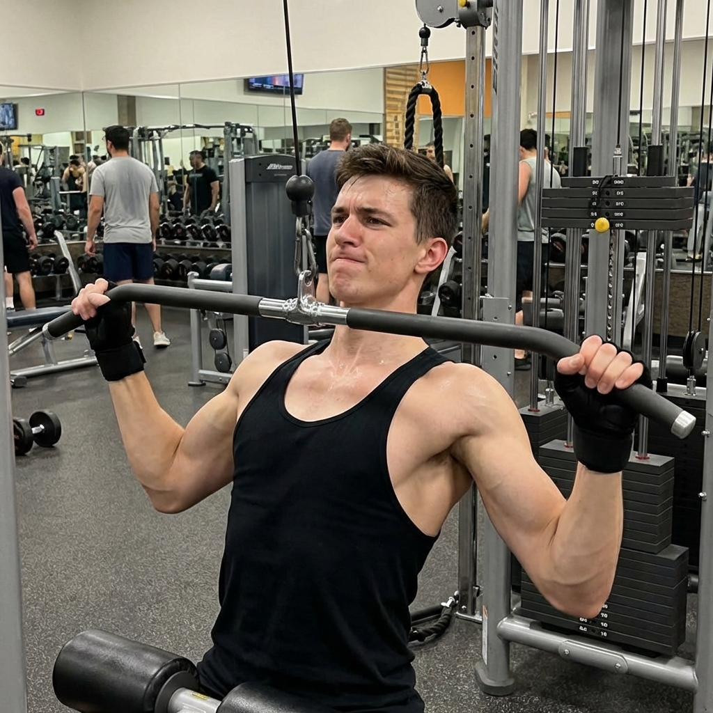 Ectomorfo realizando Jalón al Pecho con agarre amplio para dorsales