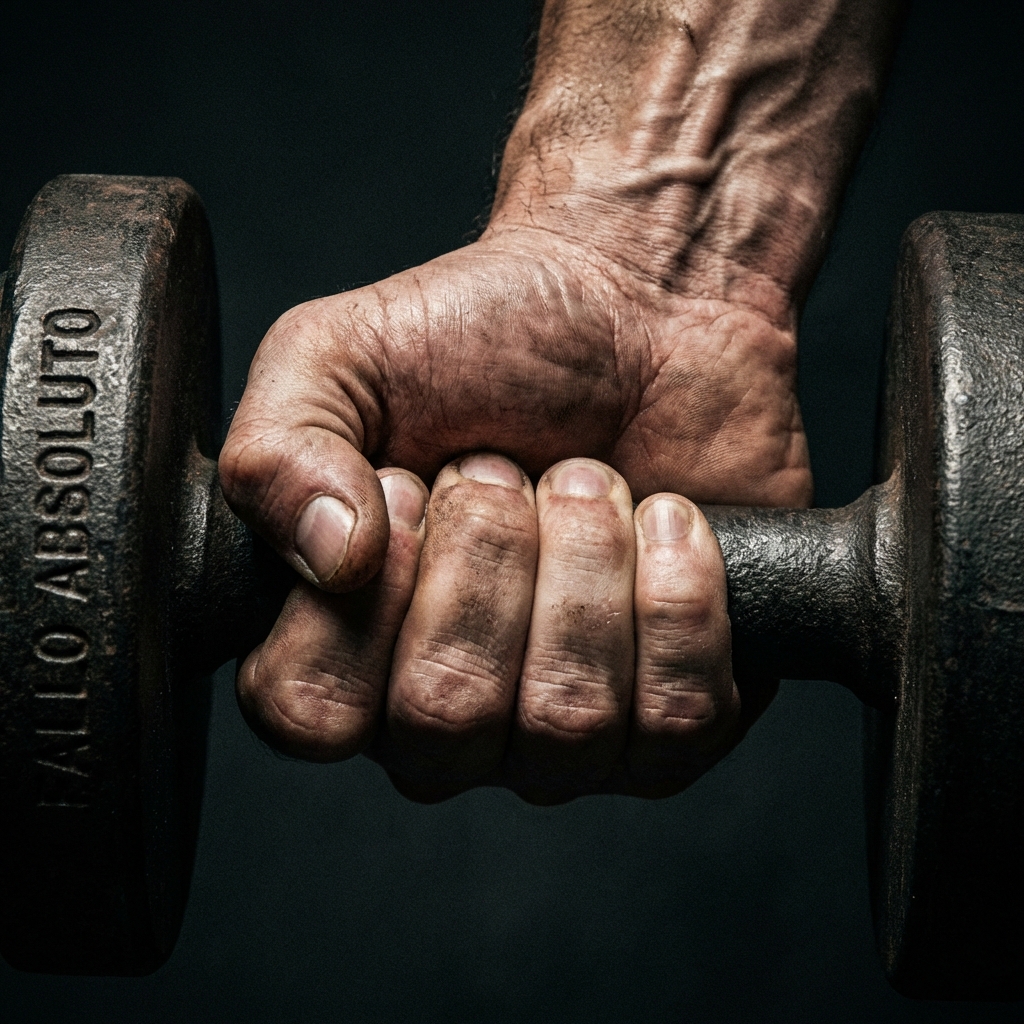 Mano agarrando mancuerna con fuerza extrema representando el fallo muscular