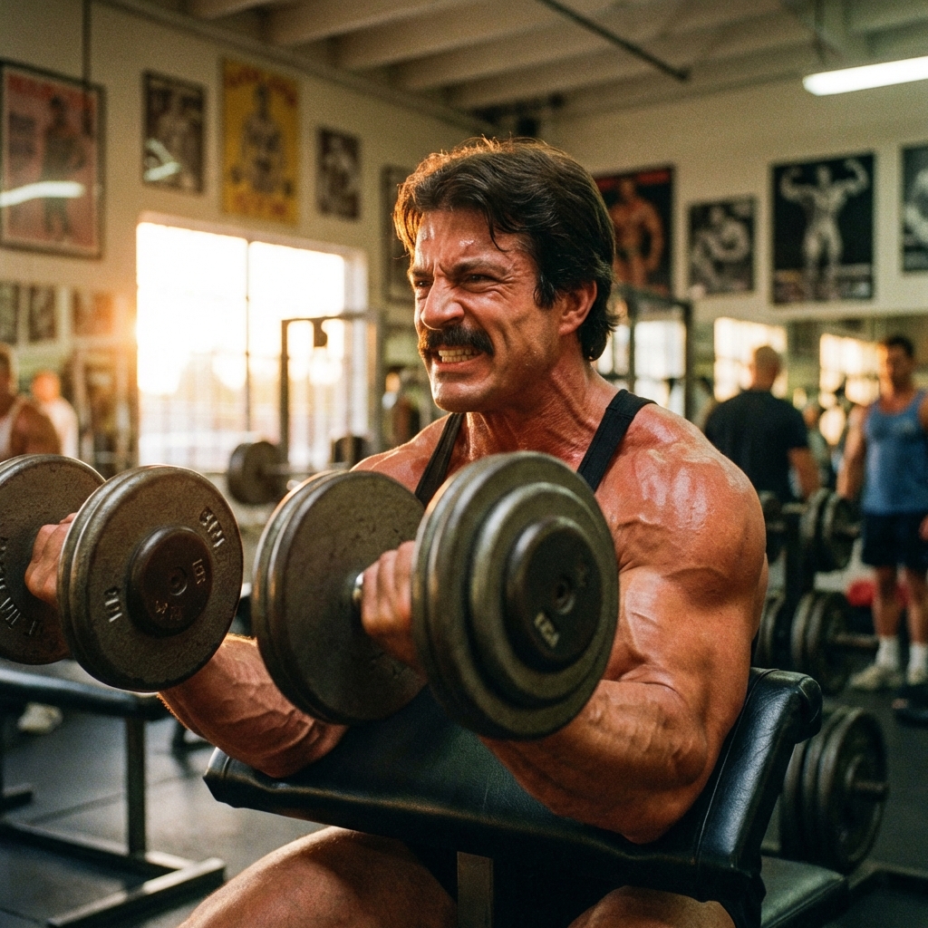Mike Mentzer realizando curl de bíceps con intensidad máxima al fallo