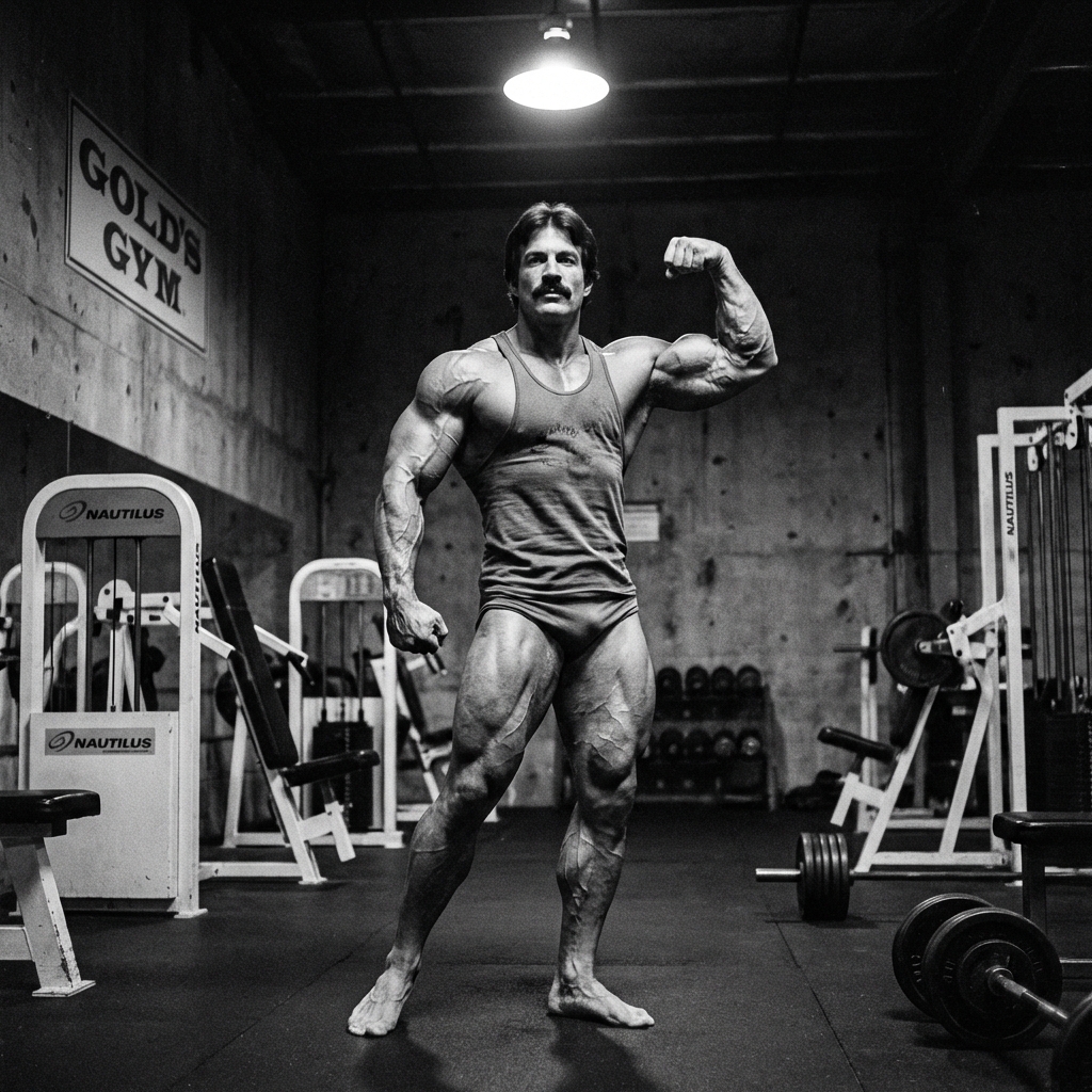 Aesthetic Mike Mentzer physique posing in gym