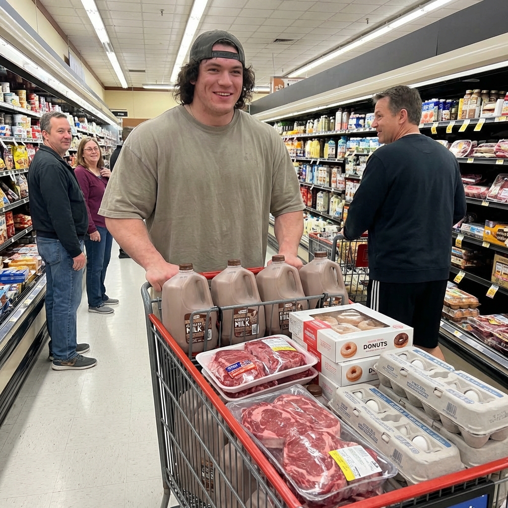 Sam Sulek en el supermercado comprando donuts, carne y leche