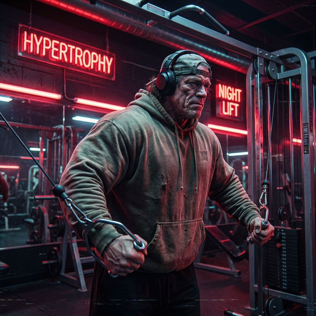Sam Sulek realizando cruces de polea con estética moderna y luces de neón