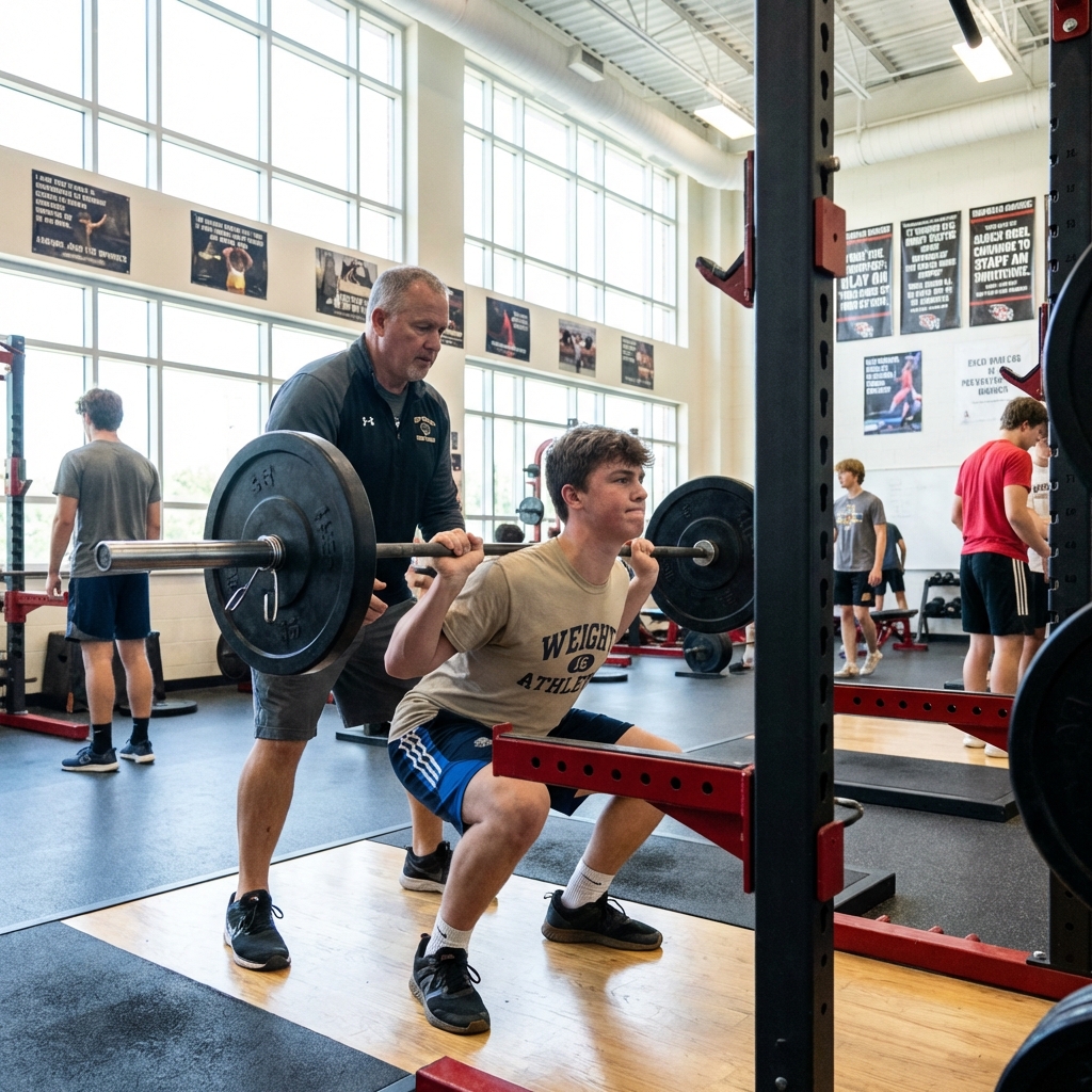 Adolescente realizando sentadilla con técnica perfecta y supervisión
